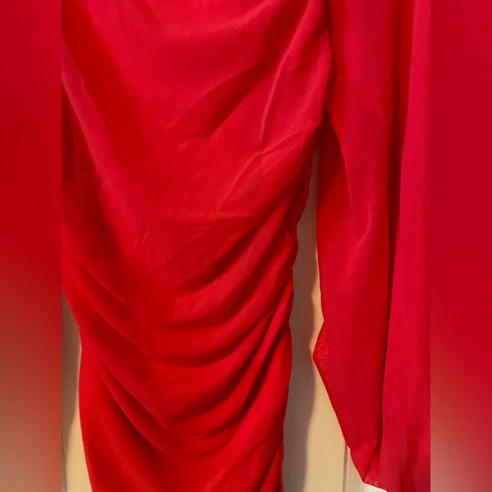 Shein Red Square Neck Lantern Sleeve Ruched Bodycon Dress - Picture 5 of 6